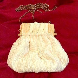 Vintage evening party bag cream fabric w/long metal chain by designer Vanessa